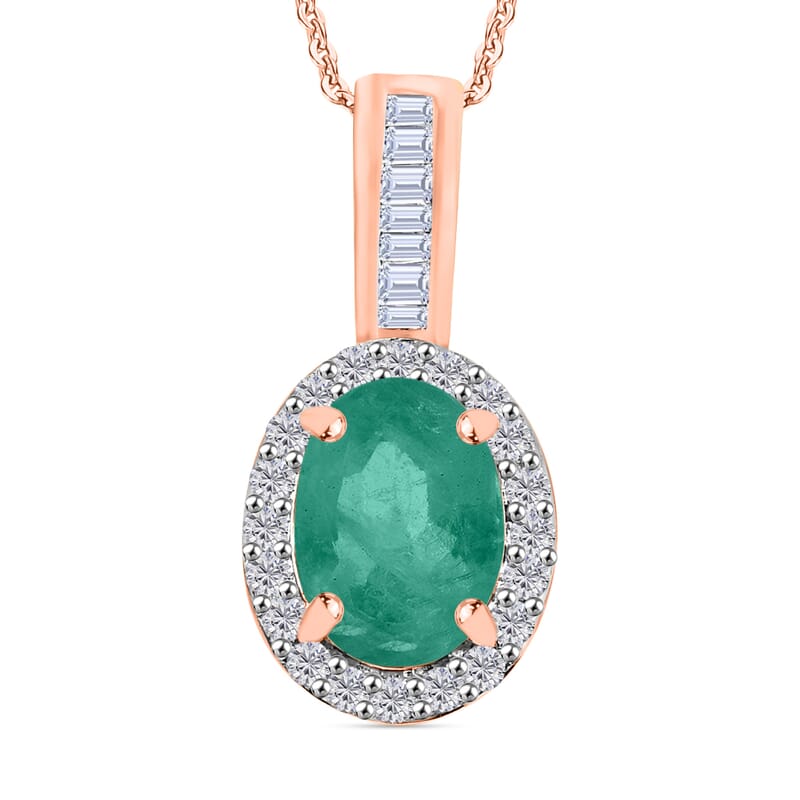 Kagem Zambian Emerald and Diamond 1.44 ctw Pendant Necklace 20 Inches in 18K Vermeil Rose Gold Over Sterling Silver