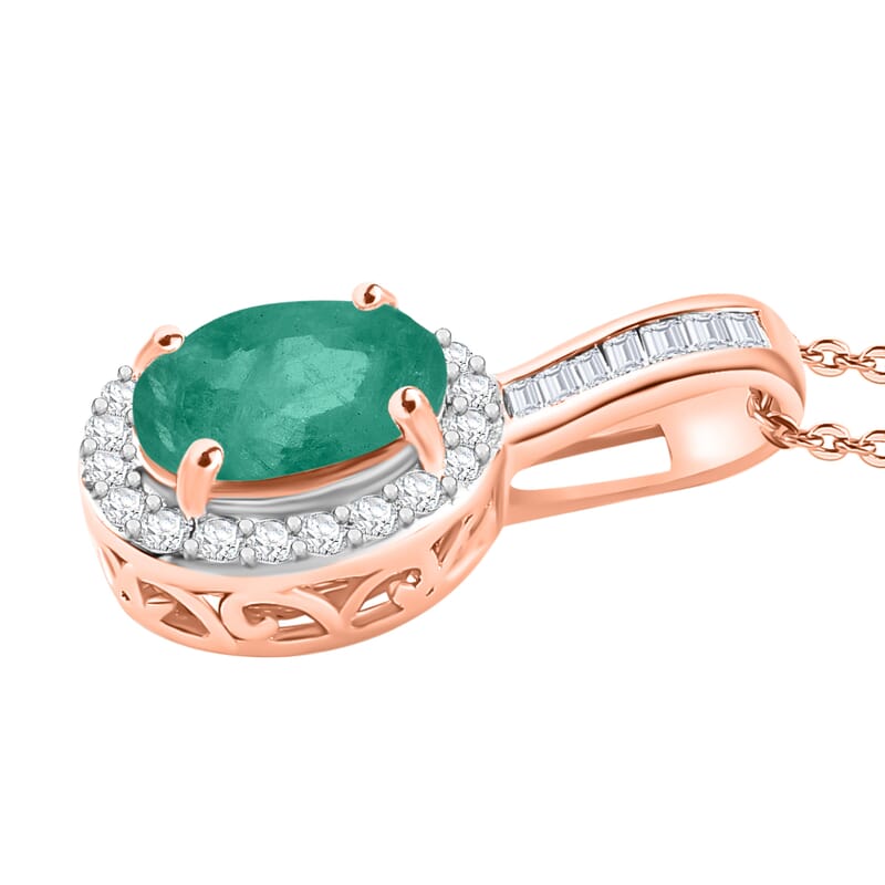 Kagem Zambian Emerald and Diamond 1.44 ctw Pendant Necklace 20 Inches in 18K Vermeil Rose Gold Over Sterling Silver