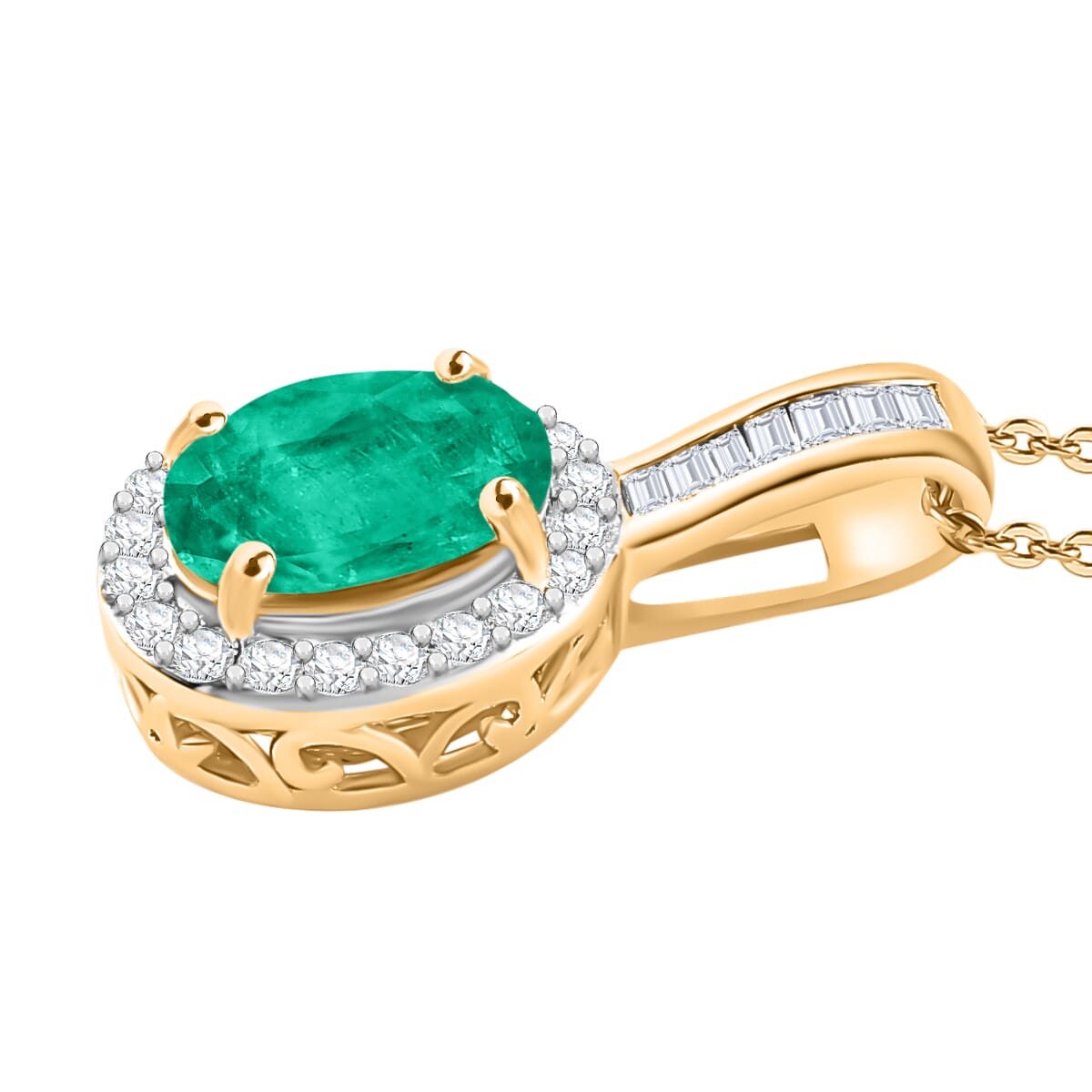 Rhapsody AAAA Kagem Zambian Emerald and E-F VS2 Diamond 1.49 ctw Pendant Necklace 20 Inches in 18K Yellow Gold image number 2