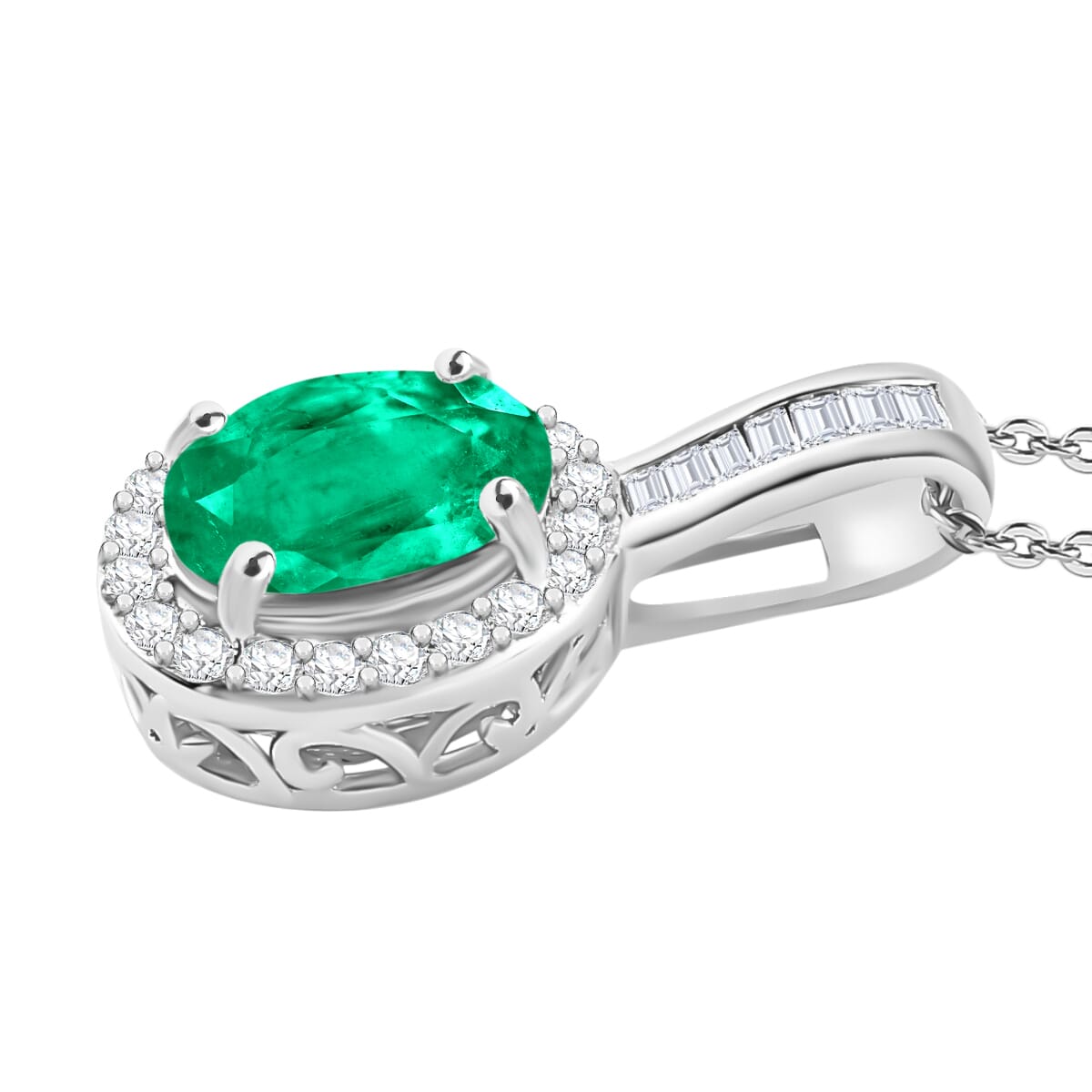 Rhapsody AAAA Kagem Zambian Emerald and E-F VS2 Diamond 1.48 ctw Pendant Necklace 20 Inches in 950 Platinum image number 2