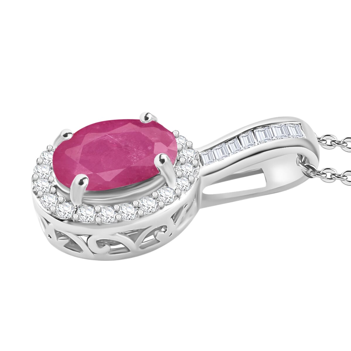 Mozambique Ruby and Diamond 1.84 ctw Pendant Necklace 20 Inches in Rhodium Over Sterling Silver image number 2