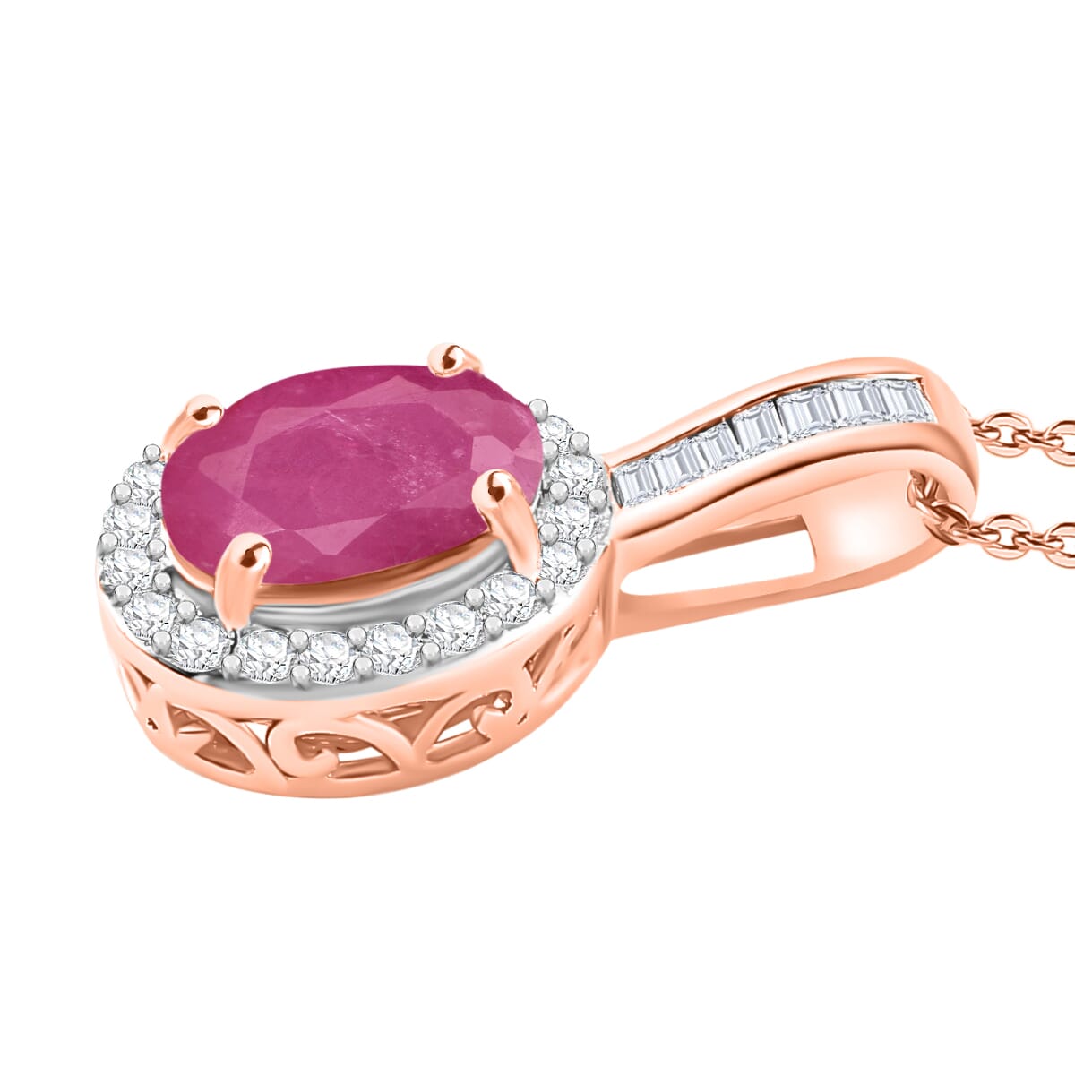 Mozambique Ruby and Diamond 1.84 ctw Pendant Necklace 20 Inches in 18K Vermeil Rose Gold Over Sterling Silver image number 2