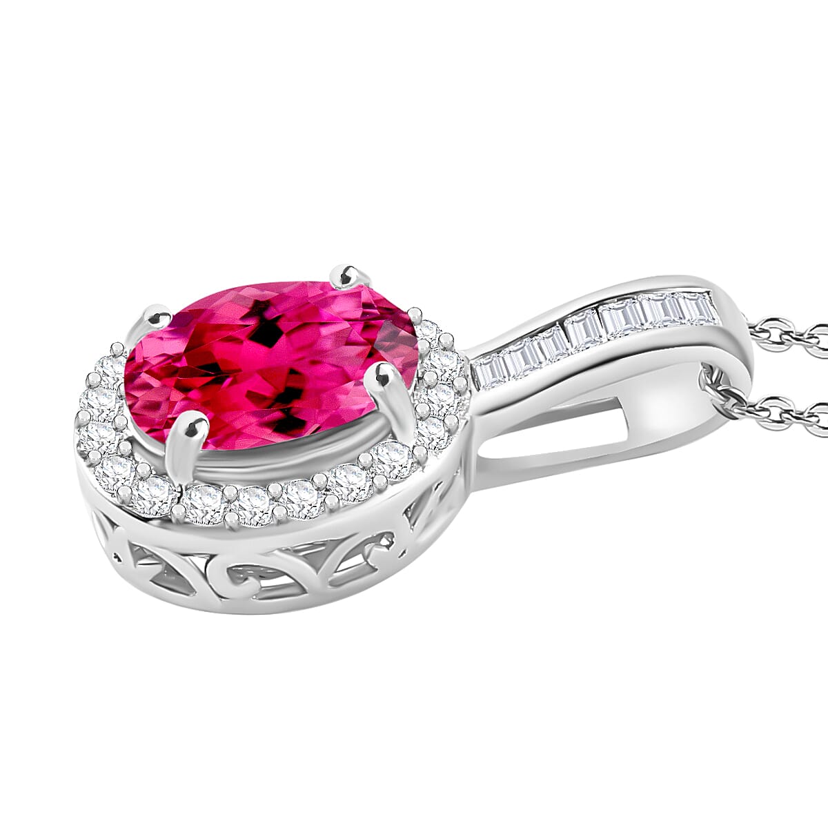 Ouro Fino Rubellite and Diamond 1.54 ctw Pendant Necklace 20 Inches in Rhodium Over Sterling Silver
