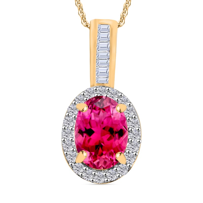 Ouro Fino Rubellite and Diamond 1.54 ctw Pendant Necklace 20 Inches in 18K Vermeil Yellow Gold Over Sterling Silver