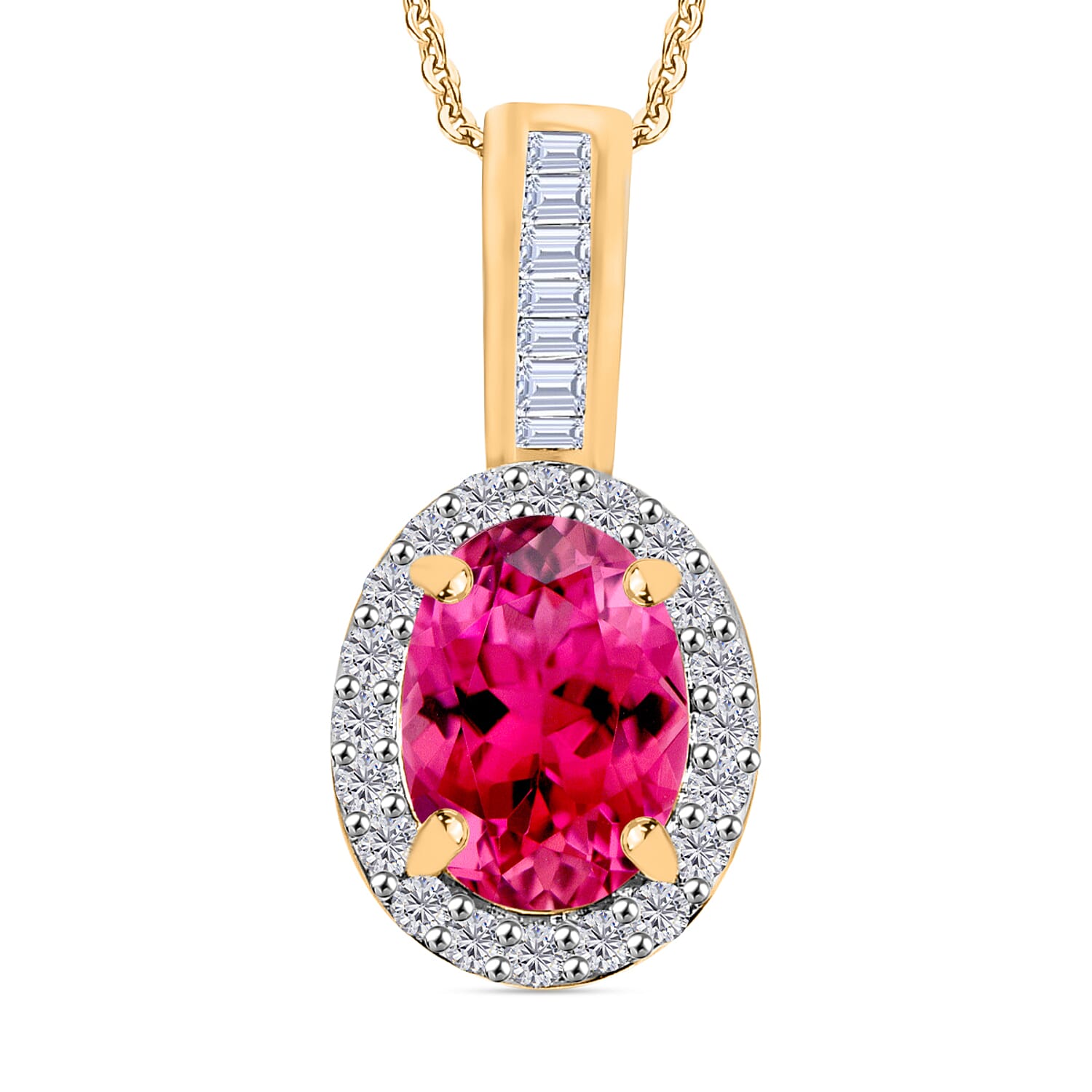 Ouro Fino Rubellite and Diamond 1.54 ctw Pendant Necklace 20 Inches in 18K Vermeil Yellow Gold Over Sterling Silver