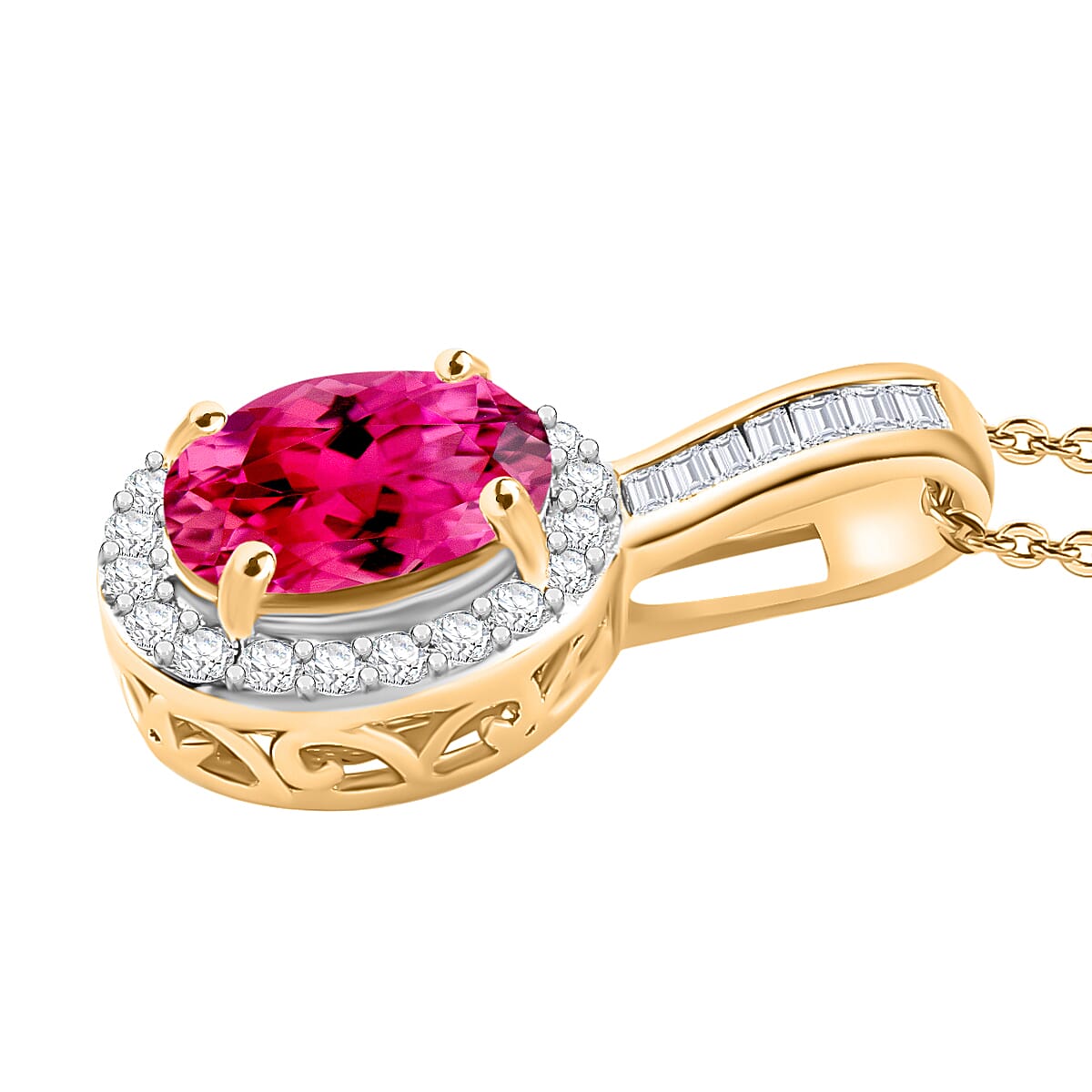 Ouro Fino Rubellite and Diamond 1.54 ctw Pendant Necklace 20 Inches in 18K Vermeil Yellow Gold Over Sterling Silver