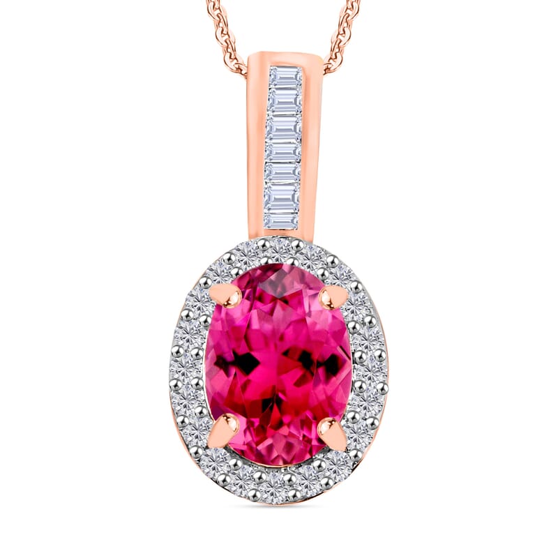 Ouro Fino Rubellite and Diamond 1.54 ctw Pendant Necklace 20 Inches in 18K Vermeil Rose Gold Over Sterling Silver