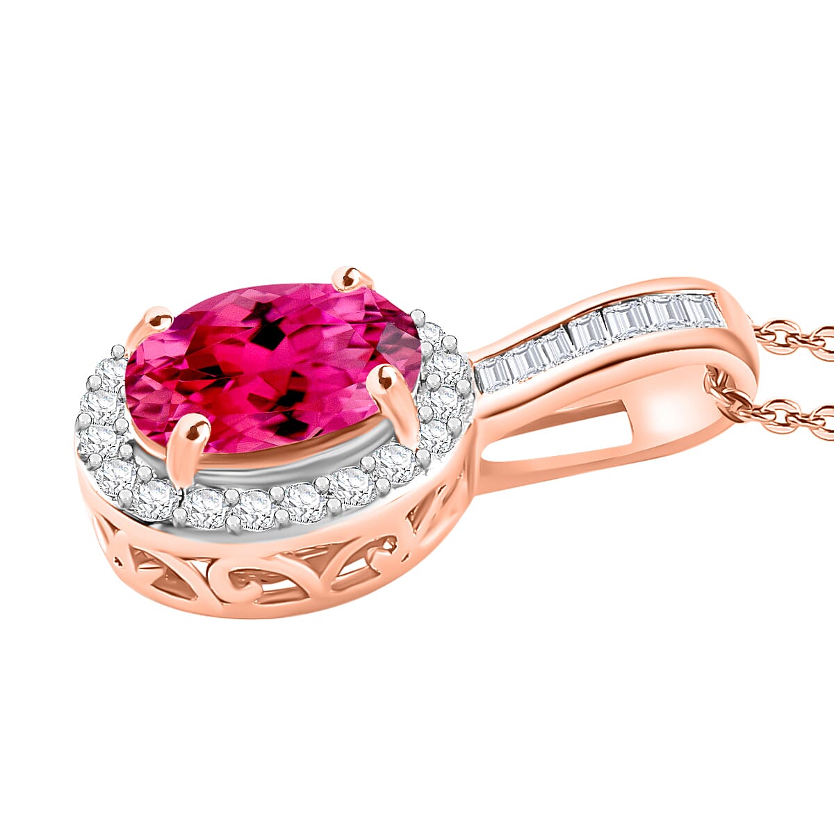 Ouro Fino Rubellite and Diamond 1.54 ctw Pendant Necklace 20 Inches in 18K Vermeil Rose Gold Over Sterling Silver