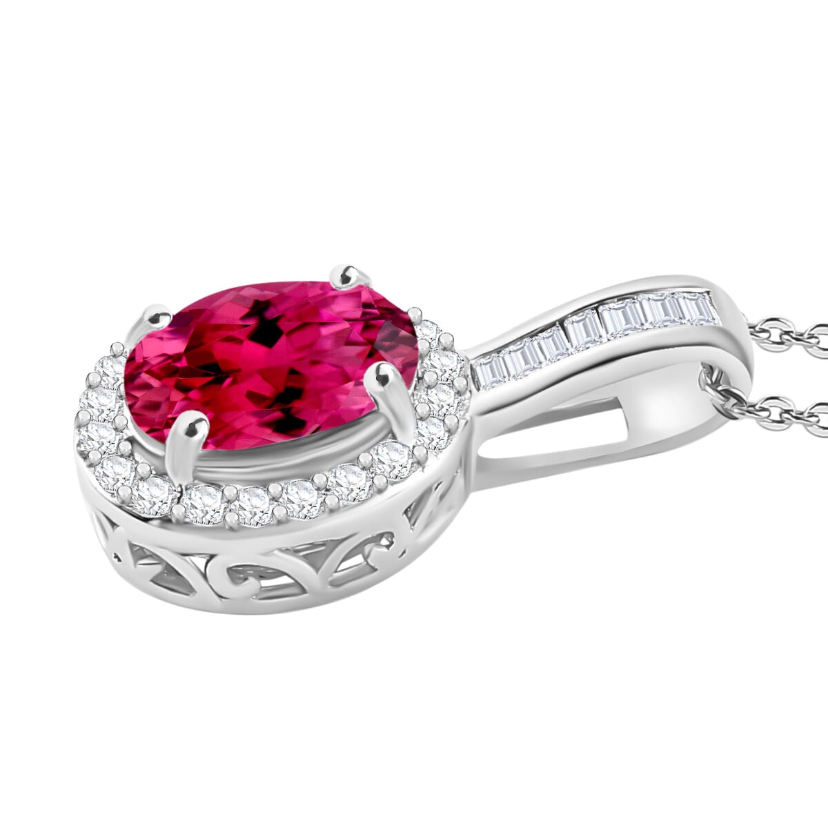 Luxoro Premium Ouro Fino Rubellite and G-H I2 Diamond 1.54 ctw Pendant Necklace 20 Inches in 14K White Gold image number 2