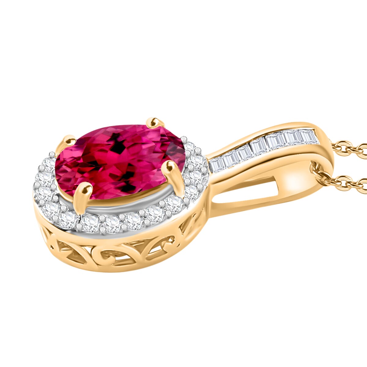 Luxoro Premium Ouro Fino Rubellite and G-H I2 Diamond 1.54 ctw Pendant Necklace 20 Inches in 14K Yellow Gold image number 2
