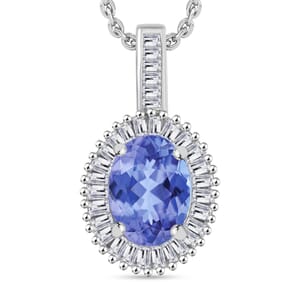 Tanzanite and Diamond 1.56 ctw Pendant Necklace 20 Inches in Rhodium Over Sterling Silver