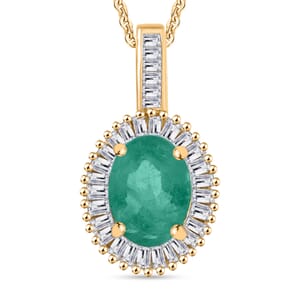 Kagem Zambian Emerald and Diamond 1.41 ctw Pendant Necklace 20 Inches in 18K Vermeil Yellow Gold Over Sterling Silver