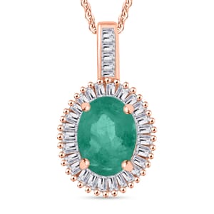 Kagem Zambian Emerald and Diamond 1.41 ctw Pendant Necklace 20 Inches in 18K Vermeil Rose Gold Over Sterling Silver