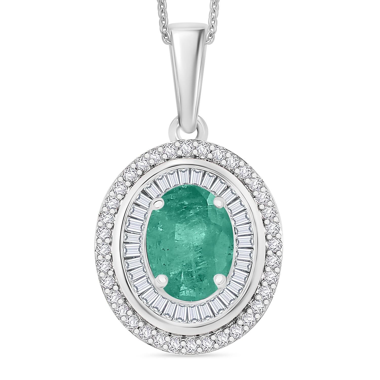 Luxoro Premium Kagem Zambian Emerald and G-H I2 Diamond Pendant Necklace 20 Inches in 10K White Gold 2.25 ctw