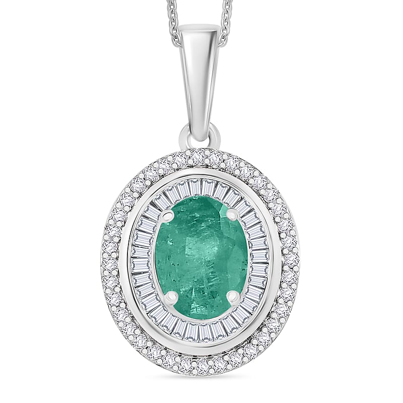 Luxoro Premium Kagem Zambian Emerald and G-H I2 Diamond Pendant Necklace 20 Inches in 10K White Gold 2.25 ctw