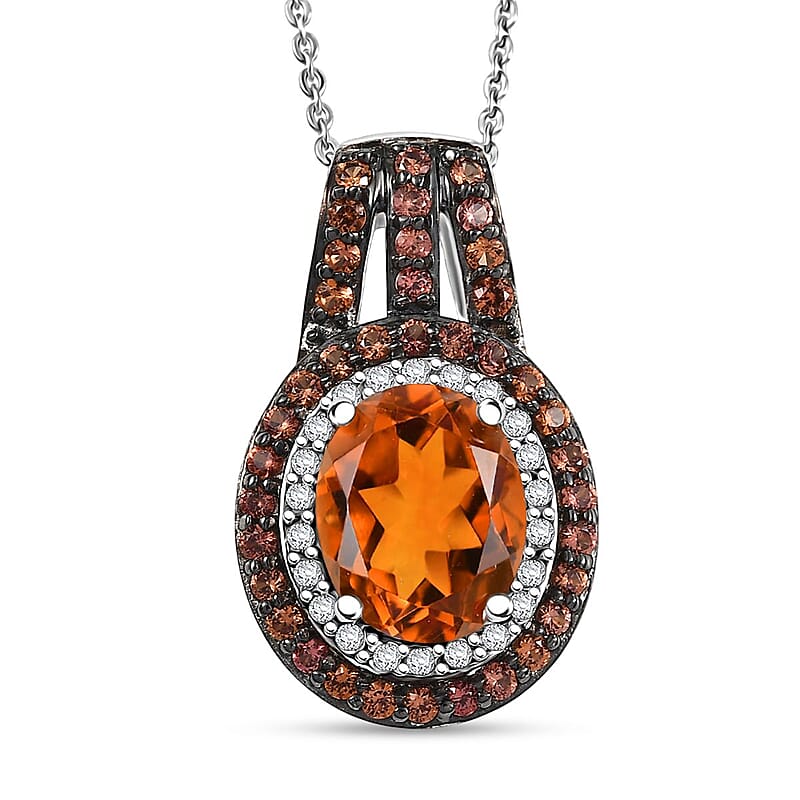D'Joy Premium Santa Ana Madeira Citrine and Multi Gemstone 4.10 ctw Solar Flare Halo Pendant Necklace in Platinum Over Sterling Silver 20 Inches