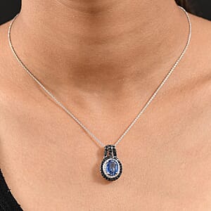 D'Joy Kashmir Kyanite and Multi Gemstone 4.10 ctw Solar Flare Halo Pendant Necklace in Platinum Over Sterling Silver 20 Inches