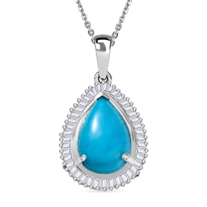 D'Joy Premium Sleeping Beauty Turquoise and Diamond 3.20 ctw Pendant Necklace 20 Inches in Rhodium Over Sterling Silver