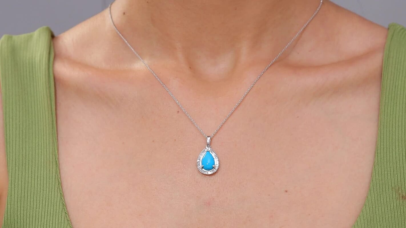 D'Joy Premium Sleeping Beauty Turquoise and Diamond 3.20 ctw Desert Bloom Pendant Necklace 20 Inches in Rhodium Over Sterling Silver
