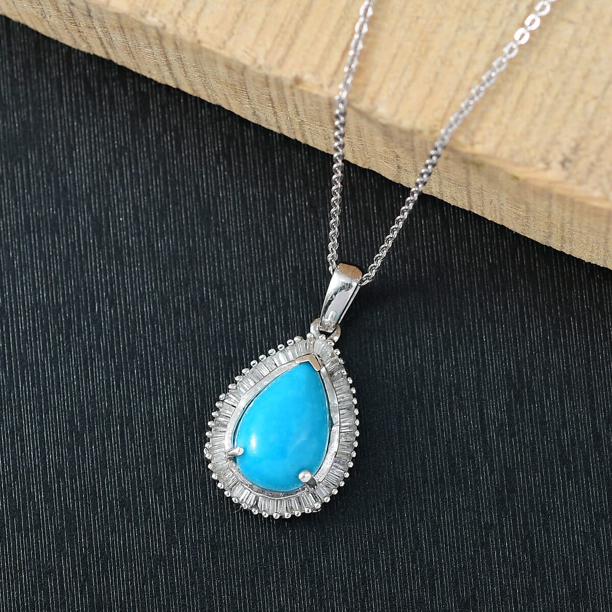 D'Joy Premium Sleeping Beauty Turquoise and Diamond 3.20 ctw Pendant Necklace 20 Inches in Rhodium Over Sterling Silver image number 1