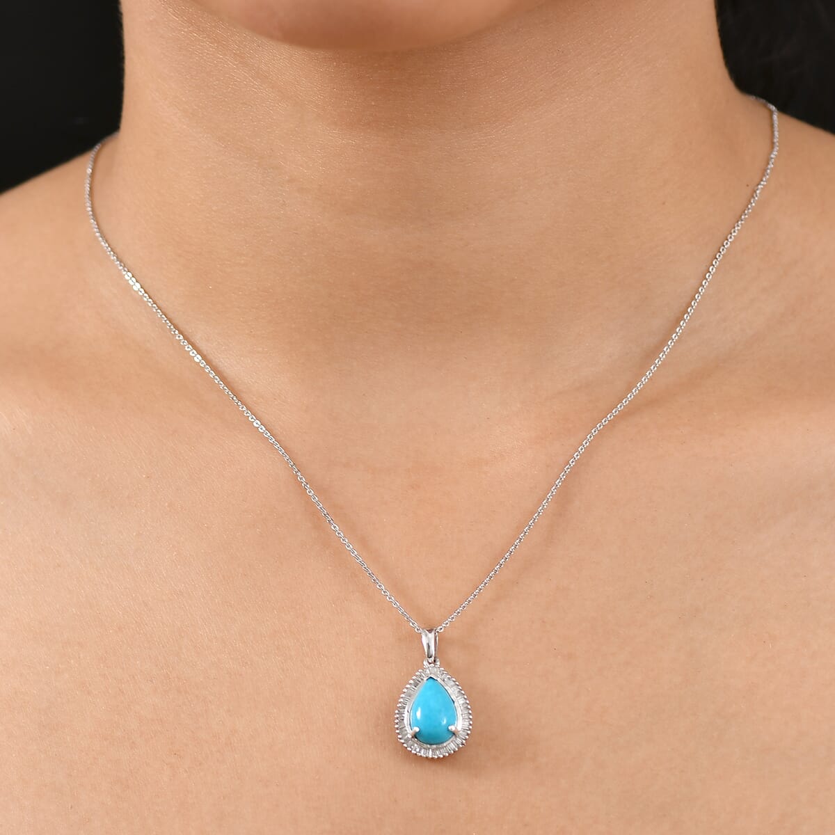 D'Joy Premium Sleeping Beauty Turquoise and Diamond 3.20 ctw Pendant Necklace 20 Inches in Rhodium Over Sterling Silver image number 2
