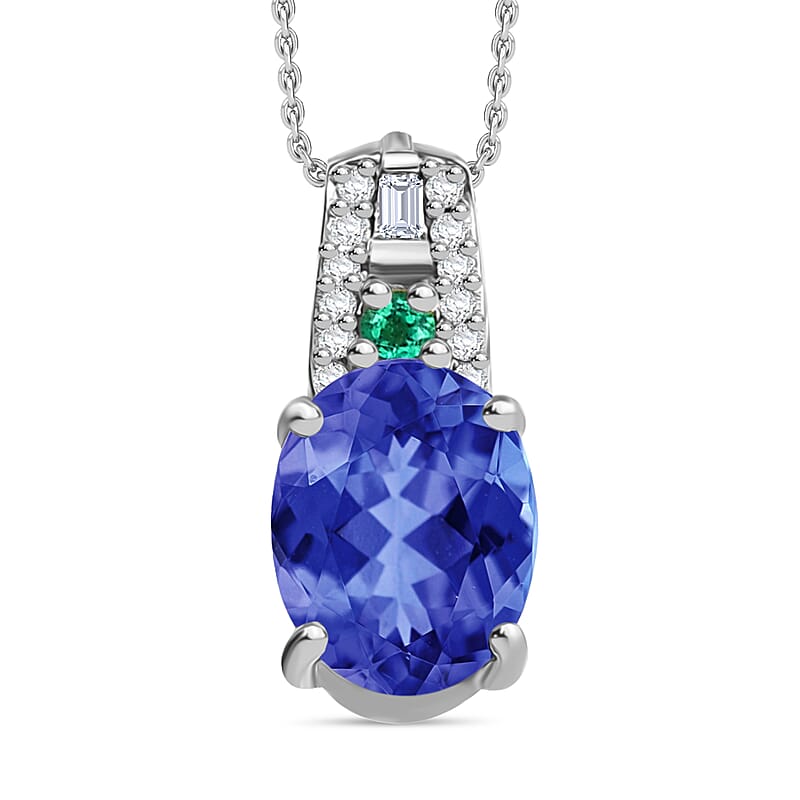 Luxoro AAA Tanzanite, Boyaca Colombian Emerald and G-H I1 Diamond 1.69 ctw Pendant Necklace 20 Inches in 14K White Gold