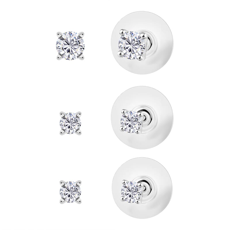 Set of 3 Moissanite 2.90 ctw Solitaire Stud Earrings in Rhodium Over Sterling Silver