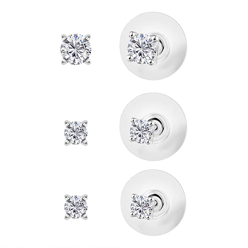 Set of 3 Moissanite 2.90 ctw Solitaire Stud Earrings in Rhodium Over Sterling Silver
