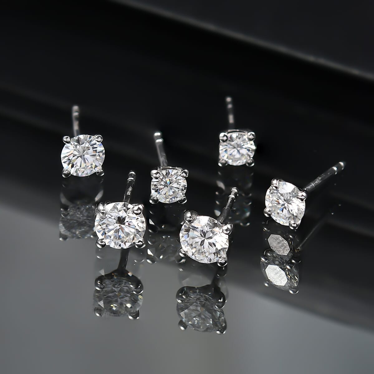Set of 3 Moissanite 2.90 ctw Solitaire Stud Earrings in Rhodium Over Sterling Silver image number 1