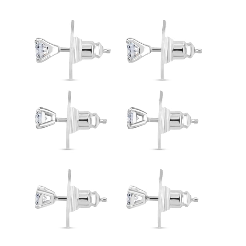 Set of 3 Moissanite 2.90 ctw Solitaire Stud Earrings in Rhodium Over Sterling Silver
