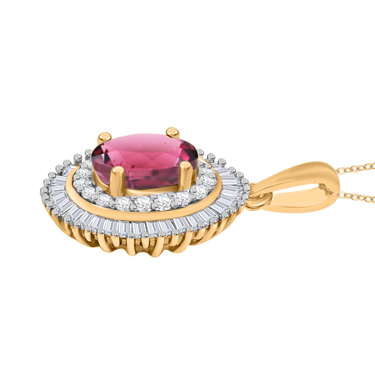 Luxoro Premium Ouro Fino Rubellite and G-H I2 Diamond 1.08 ctw Pendant Necklace 20 Inches in 14K Yellow Gold image number 2