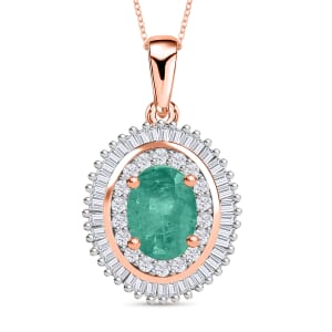 Luxoro Premium Kagem Zambian Emerald and G-H I2 Diamond 1.08 ctw Pendant Necklace 20 Inches in 14K Rose Gold