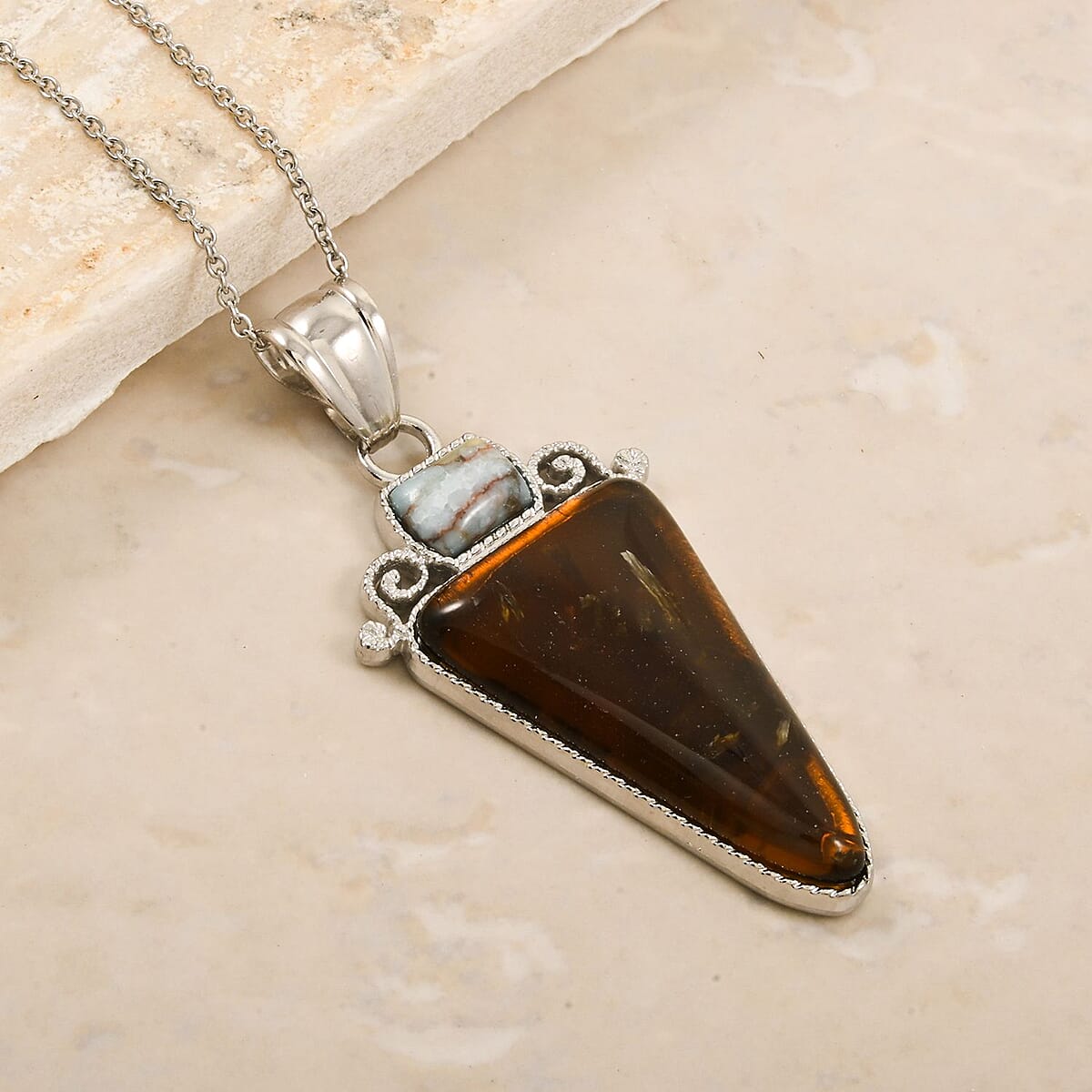 Inlay Frame Southwest Arrowhead Flower Smoky Quartz 18.00 ctw Pendant in Silvertone with Stainless Steel Necklace (20 Inches) image number 1