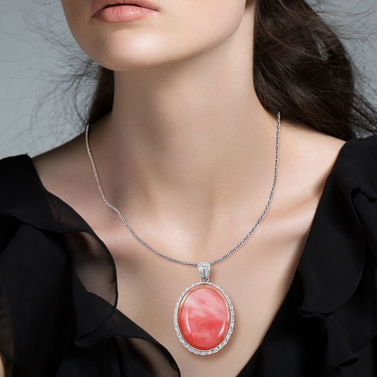 Classic Oval Cherry Quartz 52.00 ctw Pendant in Silvertone with Stainless Steel Necklace (20 Inches) image number 2