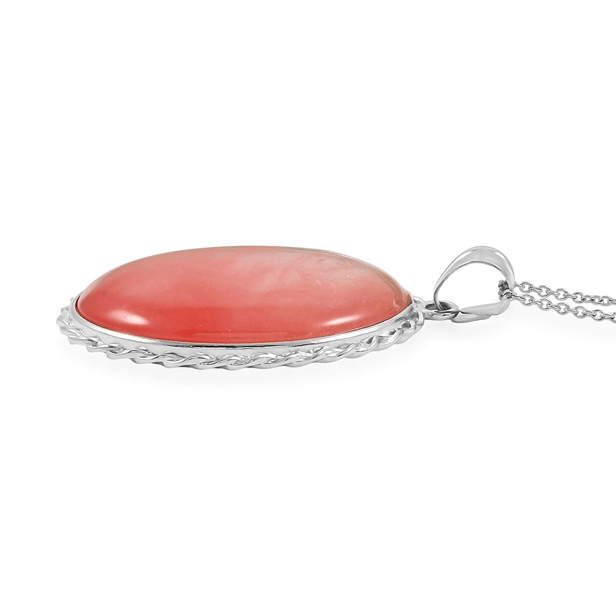 Classic Oval Cherry Quartz 52.00 ctw Pendant in Silvertone with Stainless Steel Necklace (20 Inches) image number 3