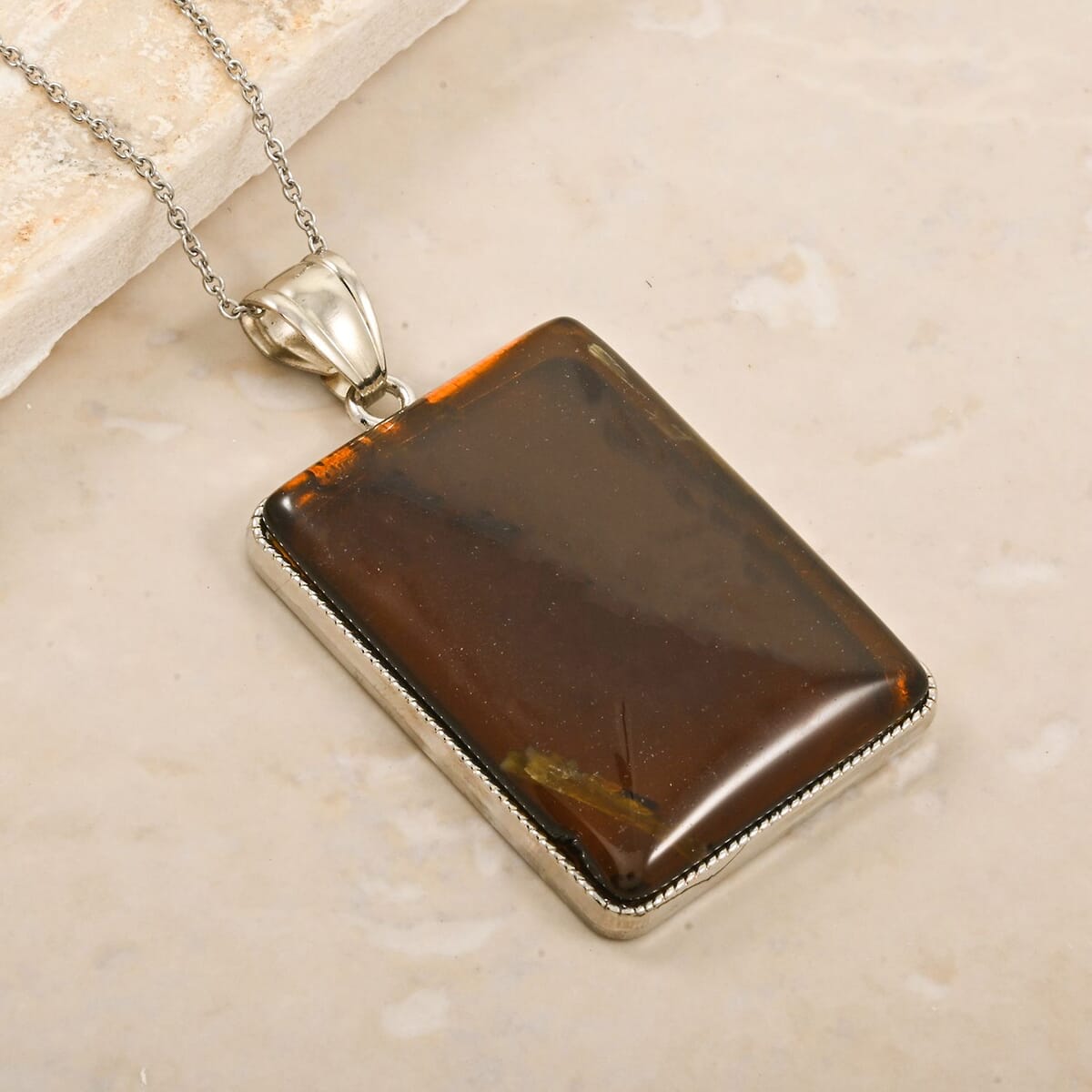 Plain Rectangle Inlay Frame Flower Smoky Quartz 100.00 ctw Pendant in Silvertone with Stainless Steel Necklace (20 Inches) image number 1