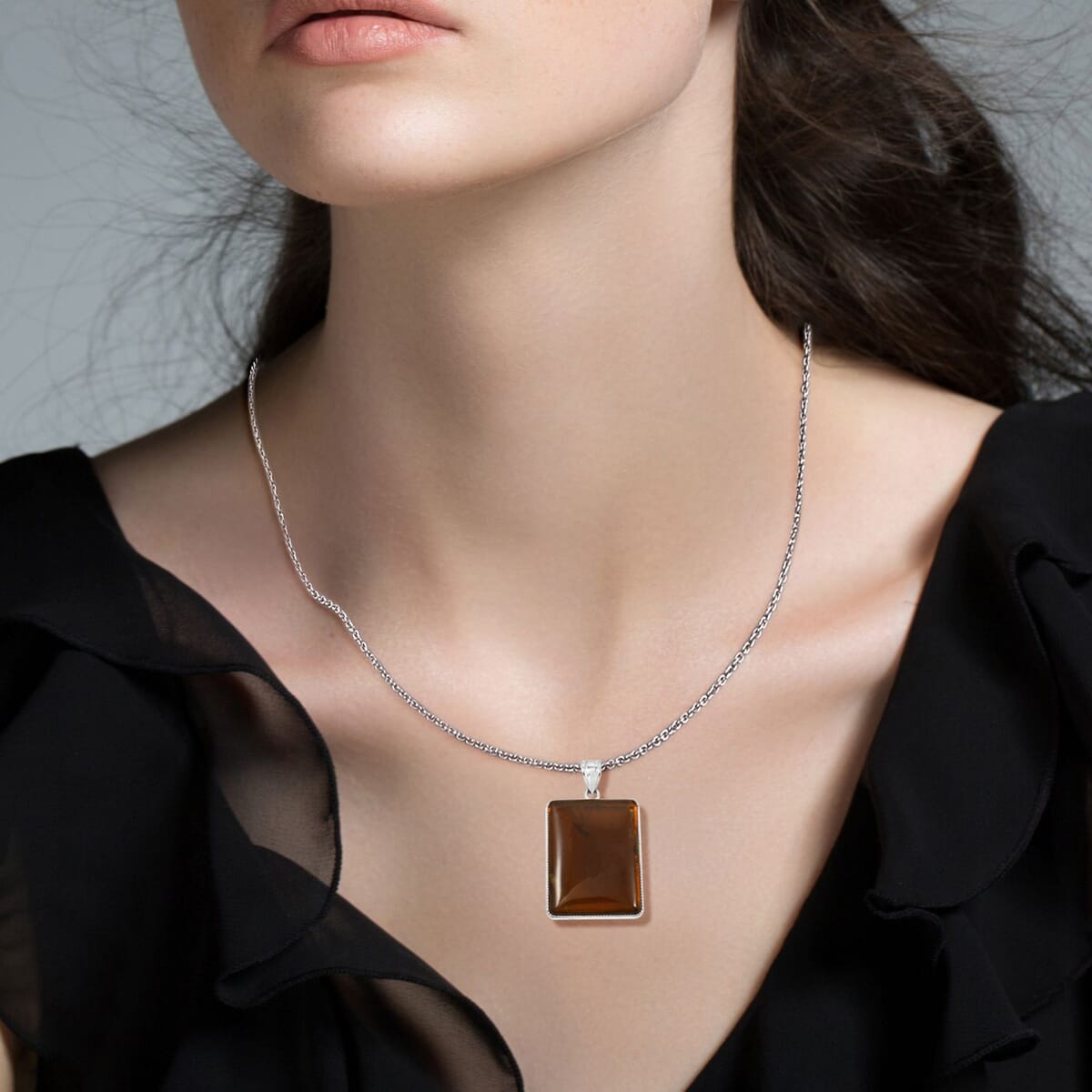Plain Rectangle Inlay Frame Flower Smoky Quartz 100.00 ctw Pendant in Silvertone with Stainless Steel Necklace (20 Inches) image number 2