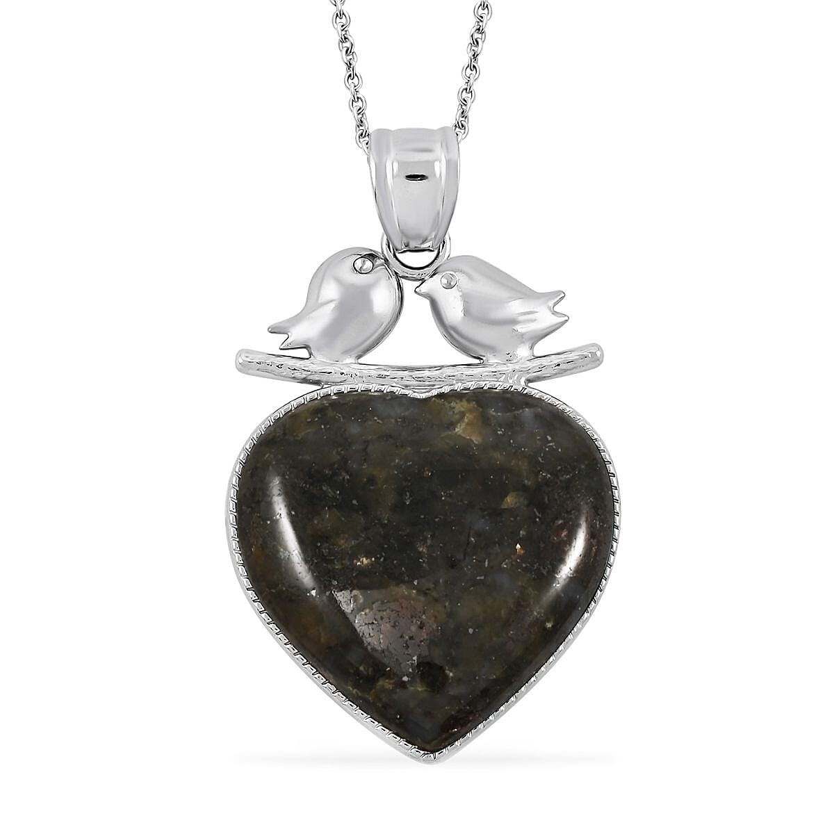 Value Buy Inlay Heart Love-Bird Black Feldspar Pendant in Silvertone with Stainless Steel Necklace (20 Inches) image number 0
