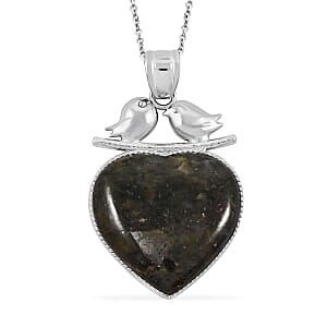 Value Buy Inlay Heart Love-Bird Black Feldspar Pendant in Silvertone with Stainless Steel Necklace (20 Inches)