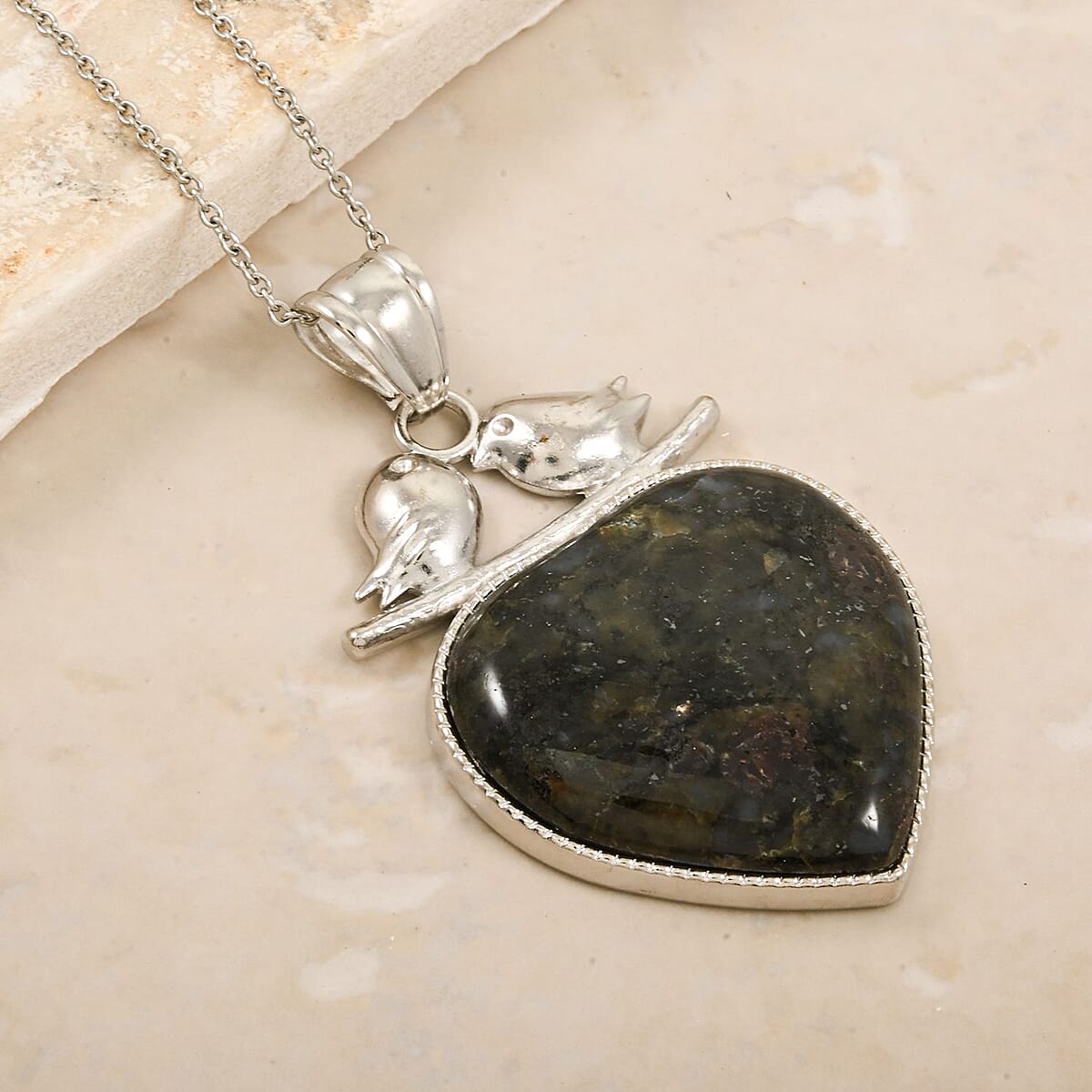 Value Buy Inlay Heart Love-Bird Black Feldspar Pendant in Silvertone with Stainless Steel Necklace (20 Inches) image number 1
