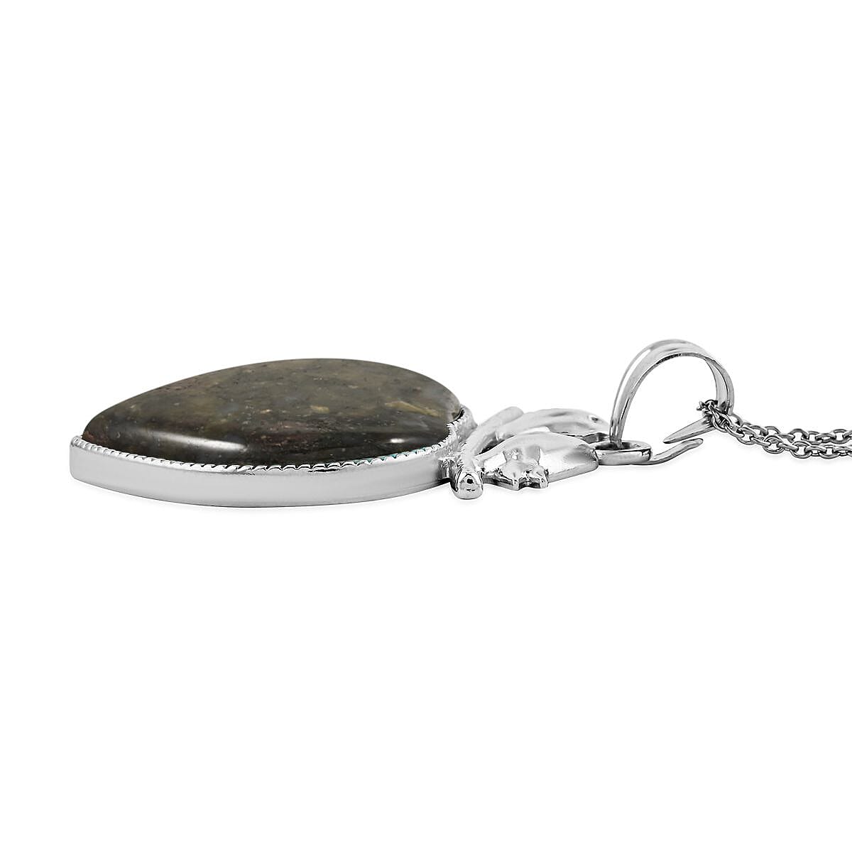 Value Buy Inlay Heart Love-Bird Black Feldspar Pendant in Silvertone with Stainless Steel Necklace (20 Inches) image number 3