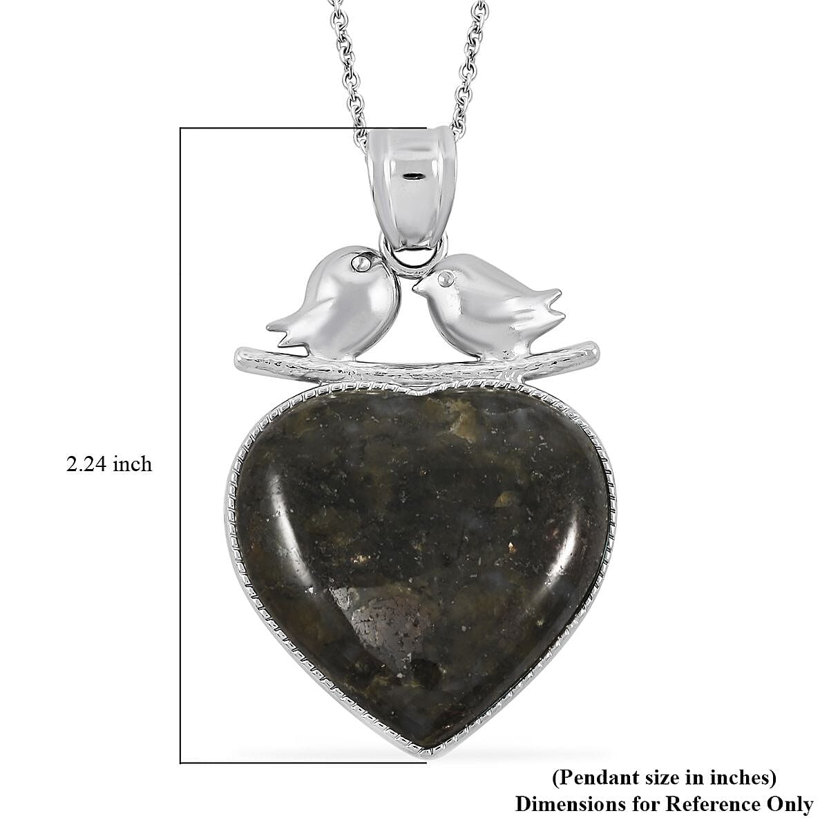 Value Buy Inlay Heart Love-Bird Black Feldspar Pendant in Silvertone with Stainless Steel Necklace (20 Inches) image number 5