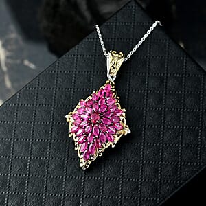 (Do Not Schedule For LS) D'Joy Premium Mozambique Ruby 3.80 ctw Victorian Era Pendant Necklace in 18K Vermeil YG and Rhodium Over Sterling Silver 20 Inches