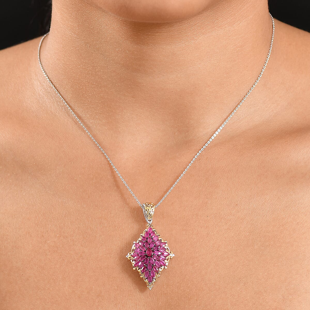 D'Joy Premium Mozambique Ruby 3.80 ctw Pendant Necklace in 18K Vermeil YG and Rhodium Over Sterling Silver 20 Inches image number 2