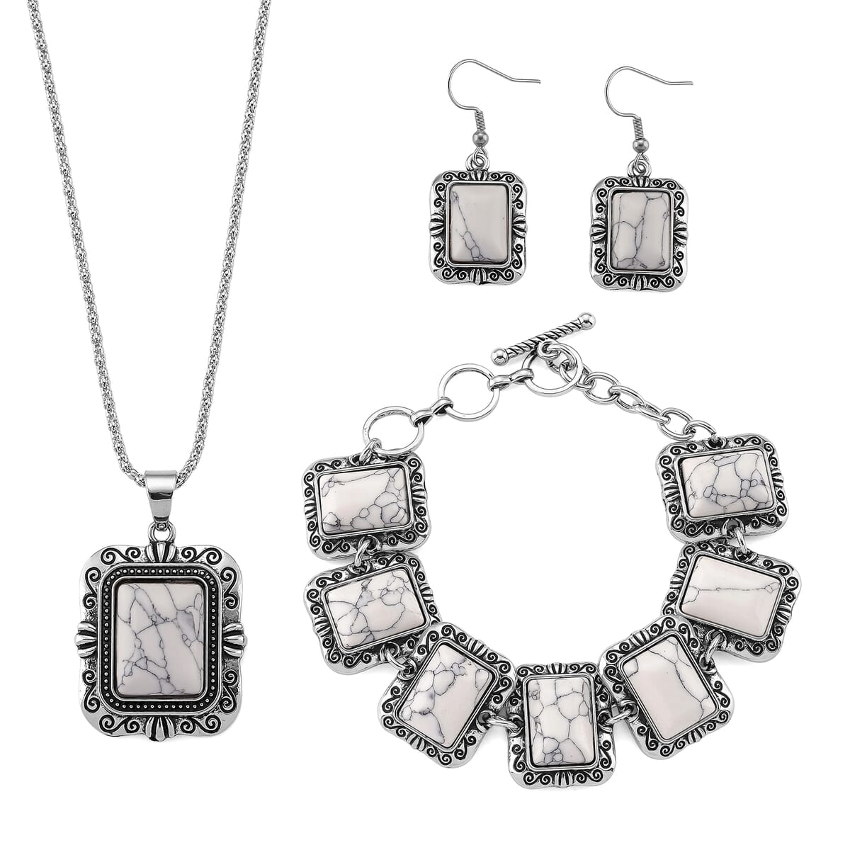 3pcs Set - White Howlite 150.00 ctw Earrings, Bracelet (6.50-8.0In) and Necklace 20 Inches in Silvertone image number 0