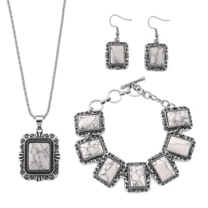 3pcs Set - White Howlite 150.00 ctw Earrings, Bracelet (6.50-8.0In) and Necklace 20 Inches in Silvertone