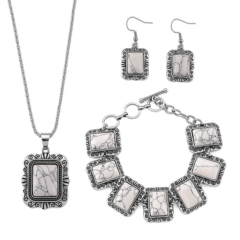 3pcs Set - Constituted White Howlite 150.00 ctw Earrings, Bracelet (6.50-8.0In) and Necklace 20 Inches in Silvertone