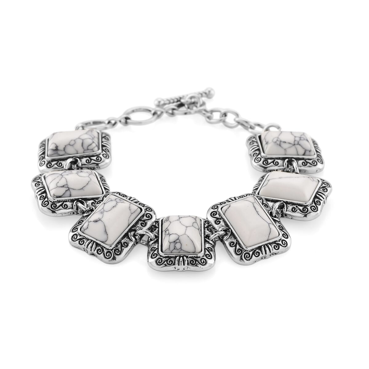 3pcs Set - White Howlite 150.00 ctw Earrings, Bracelet (6.50-8.0In) and Necklace 20 Inches in Silvertone image number 6