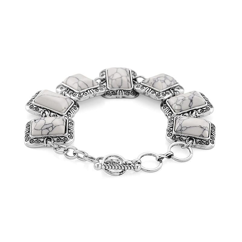 3pcs Set - Constituted White Howlite 150.00 ctw Earrings, Bracelet (6.50-8.0In) and Necklace 20 Inches in Silvertone