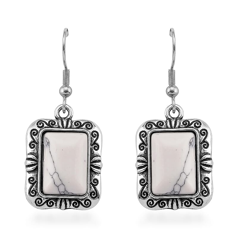 3pcs Set - Constituted White Howlite 150.00 ctw Earrings, Bracelet (6.50-8.0In) and Necklace 20 Inches in Silvertone